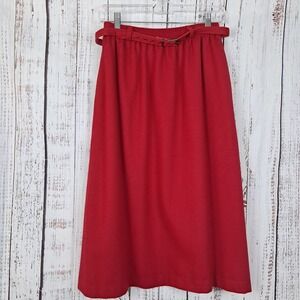 Vintage Barclay Square M Red 100% Pure Wool Midi Skirt Belt Pockets Academia